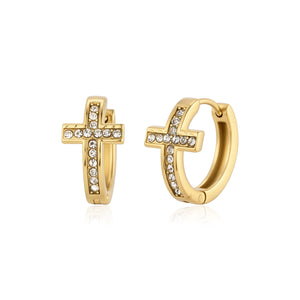 Oorbellen gebogen kruis met steentjes goud