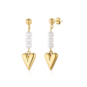 Oorstekers hangend hart parels goud