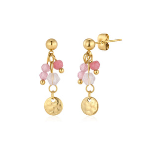Oorstekers roze gekleurde kralen goud